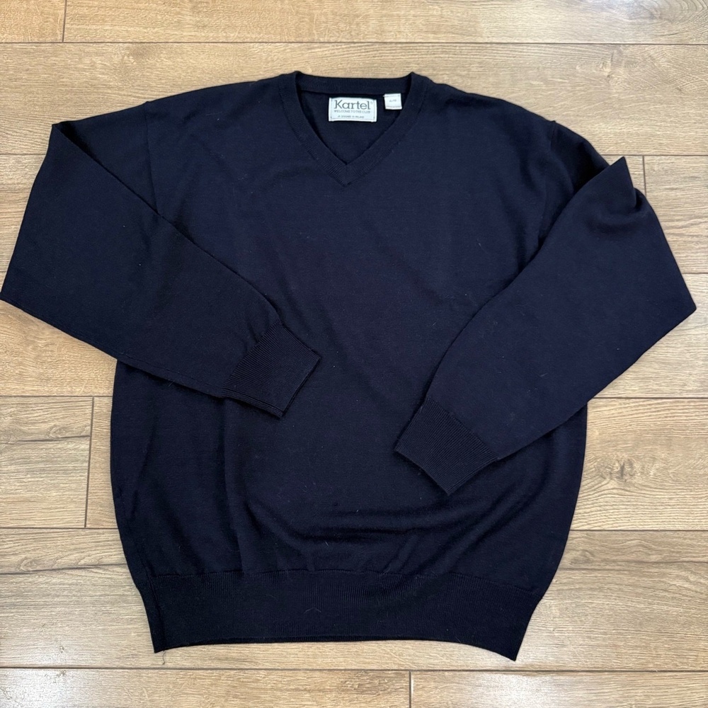 Kartel Sweater Mens XL Navy Blue‎ V Neck Marino Wool Knit Long Sleeve Classic